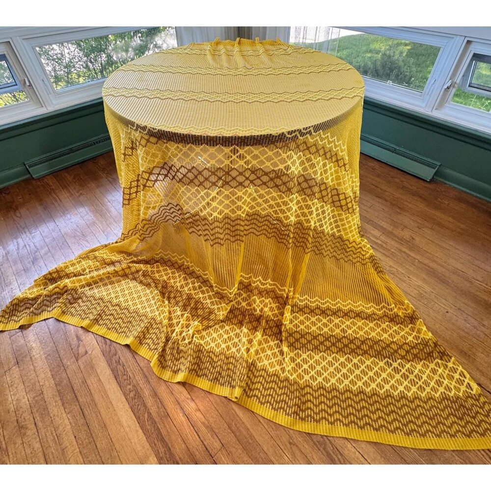Vintage 70s mesh curtain, yellow, brown groovy pattern, pleated, per panel